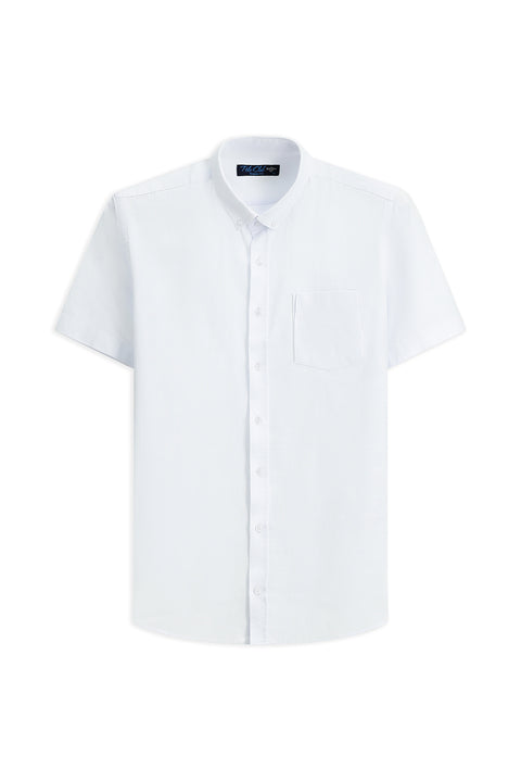 Beyaz Kısa Kol Relaxed Fit Düğmeli Yaka Keten Görünümlü Pamuk Spor Gömlek