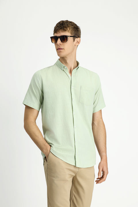 Su Yeşili Kısa Kol Relaxed Fit Düğmeli Yaka Keten Görünümlü Pamuk Spor Gömlek