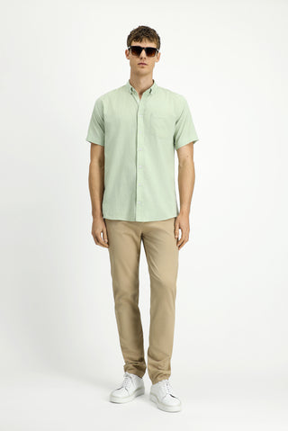  Su Yeşili Kısa Kol Relaxed Fit Düğmeli Yaka Keten Görünümlü Pamuk Spor Gömlek