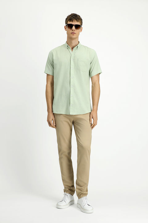 Su Yeşili Kısa Kol Relaxed Fit Düğmeli Yaka Keten Görünümlü Pamuk Spor Gömlek