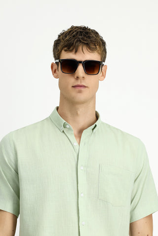  Su Yeşili Kısa Kol Relaxed Fit Düğmeli Yaka Keten Görünümlü Pamuk Spor Gömlek