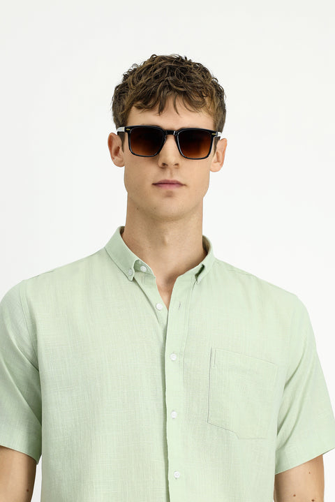 Su Yeşili Kısa Kol Relaxed Fit Düğmeli Yaka Keten Görünümlü Pamuk Spor Gömlek
