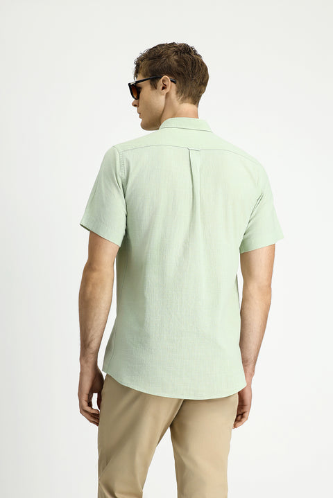 Su Yeşili Kısa Kol Relaxed Fit Düğmeli Yaka Keten Görünümlü Pamuk Spor Gömlek