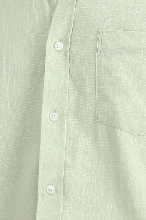 Su Yeşili Kısa Kol Relaxed Fit Düğmeli Yaka Keten Görünümlü Pamuk Spor Gömlek