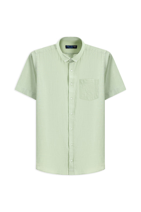 Su Yeşili Kısa Kol Relaxed Fit Düğmeli Yaka Keten Görünümlü Pamuk Spor Gömlek
