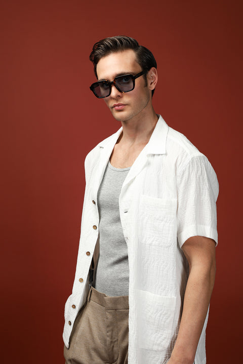 Ekru Kısa Kol Oversize Pamuklu Desenli Gömlek