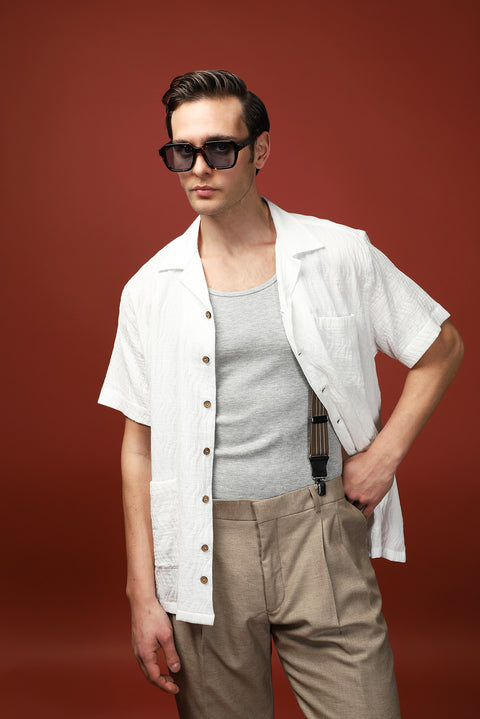 Ekru Kısa Kol Oversize Pamuklu Desenli Gömlek