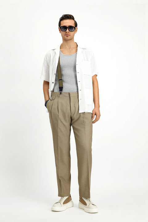 Ekru Kısa Kol Oversize Pamuklu Desenli Gömlek