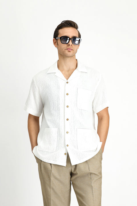 Ekru Kısa Kol Oversize Pamuklu Desenli Gömlek