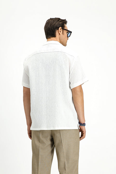 Ekru Kısa Kol Oversize Pamuklu Desenli Gömlek