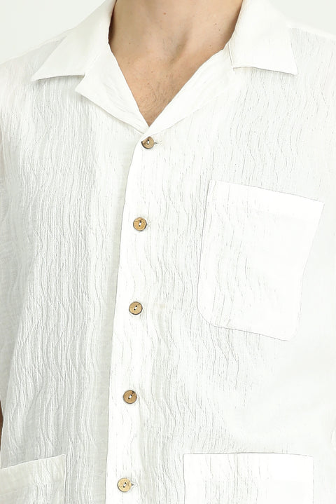 Ekru Kısa Kol Oversize Pamuklu Desenli Gömlek