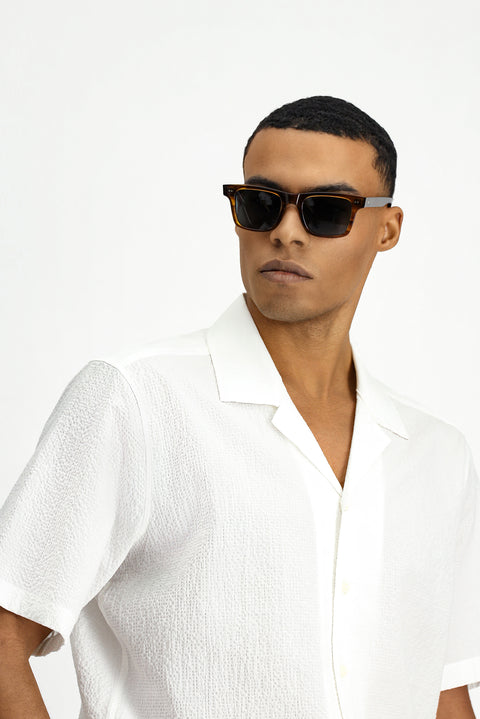 Beyaz Kısa Kol Regular Fit Spor Desenli Pamuklu Gofre Gömlek