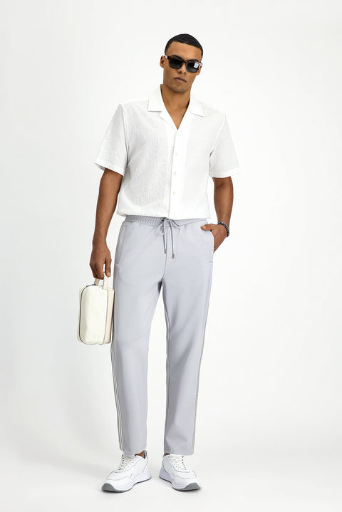 Beyaz Kısa Kol Regular Fit Spor Desenli Pamuklu Gofre Gömlek