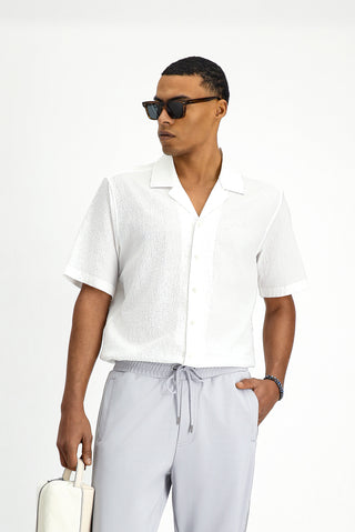  Beyaz Kısa Kol Regular Fit Spor Desenli Pamuklu Gofre Gömlek