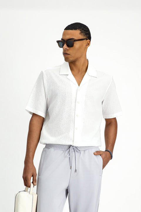 Beyaz Kısa Kol Regular Fit Spor Desenli Pamuklu Gofre Gömlek