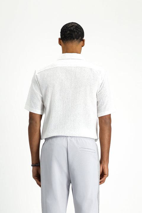 Beyaz Kısa Kol Regular Fit Spor Desenli Pamuklu Gofre Gömlek