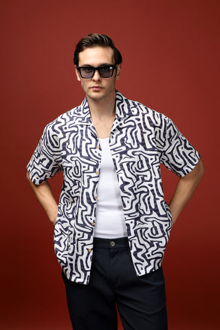  Açık Lacivert Kısa Kol Regular Fit Pamuklu Spor Baskılı Gömlek