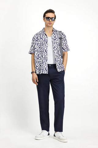  Açık Lacivert Kısa Kol Regular Fit Pamuklu Spor Baskılı Gömlek