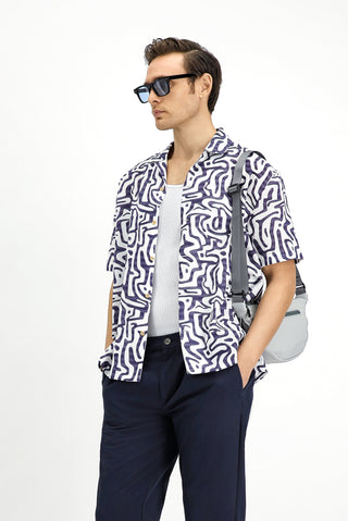  Açık Lacivert Kısa Kol Regular Fit Pamuklu Spor Baskılı Gömlek