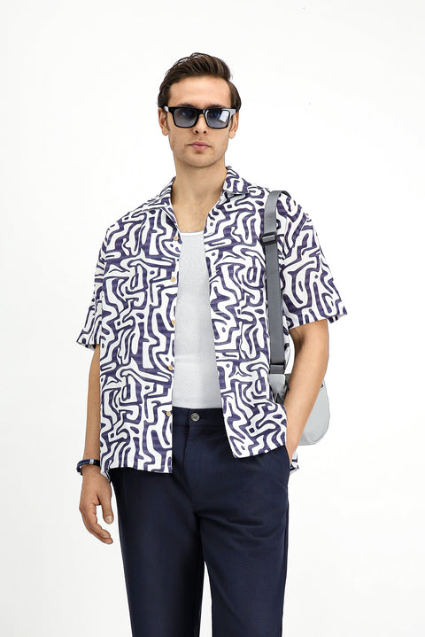 Açık Lacivert Kısa Kol Regular Fit Pamuklu Spor Baskılı Gömlek