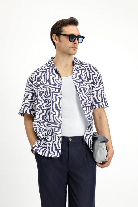 Açık Lacivert Kısa Kol Regular Fit Pamuklu Spor Baskılı Gömlek