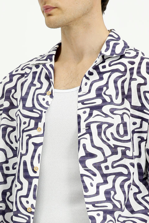 Açık Lacivert Kısa Kol Regular Fit Pamuklu Spor Baskılı Gömlek