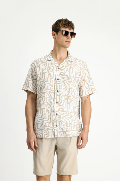 Açık Bej Kısa Kol Regular Fit Pamuklu Spor Baskılı Gömlek