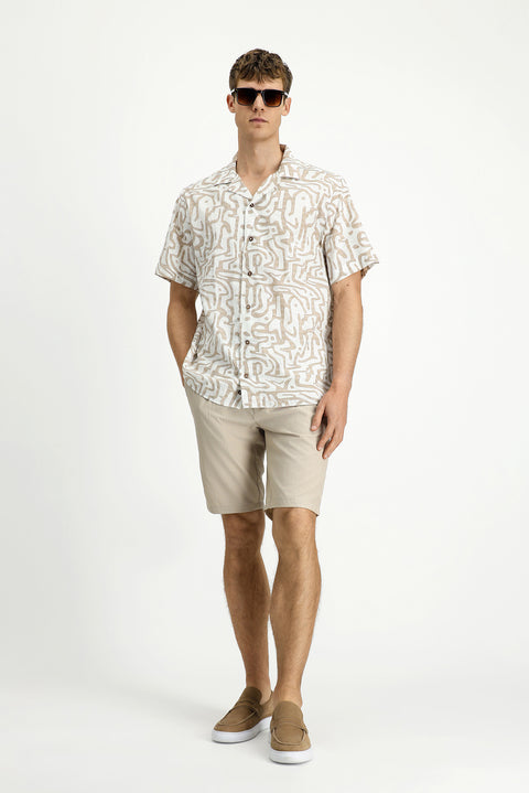 Açık Bej Kısa Kol Regular Fit Pamuklu Spor Baskılı Gömlek