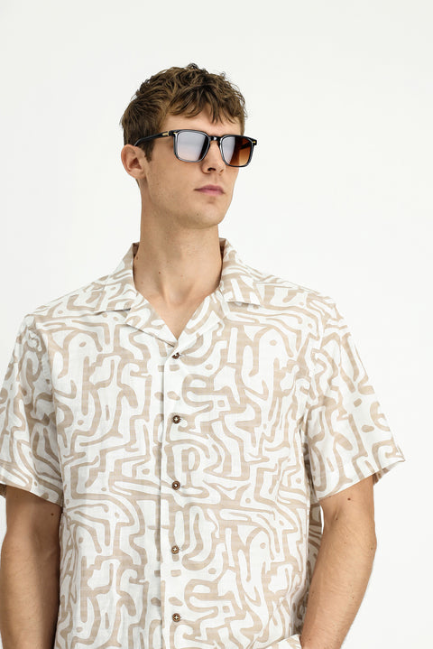 Açık Bej Kısa Kol Regular Fit Pamuklu Spor Baskılı Gömlek