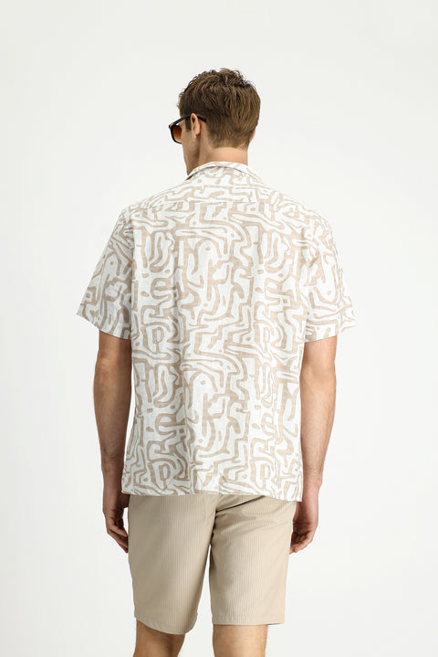 Açık Bej Kısa Kol Regular Fit Pamuklu Spor Baskılı Gömlek