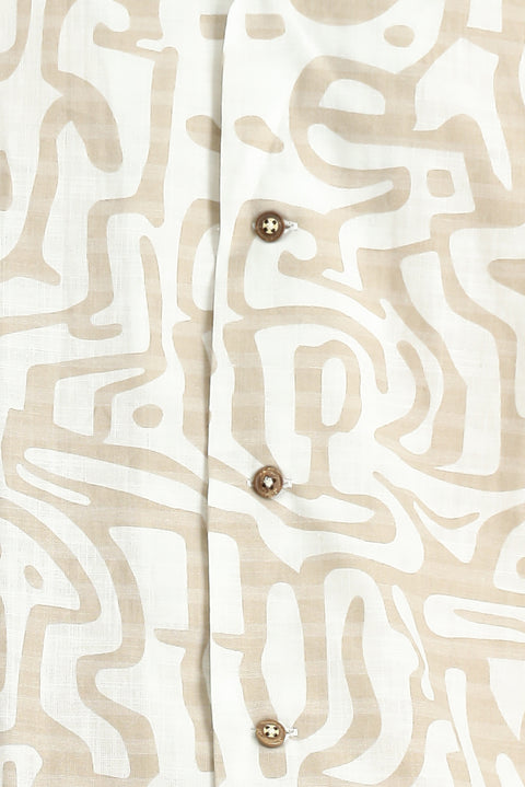 Açık Bej Kısa Kol Regular Fit Pamuklu Spor Baskılı Gömlek