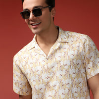 Açık Sarı Kısa Kol Regular Fit Pamuklu Spor Baskılı Gömlek