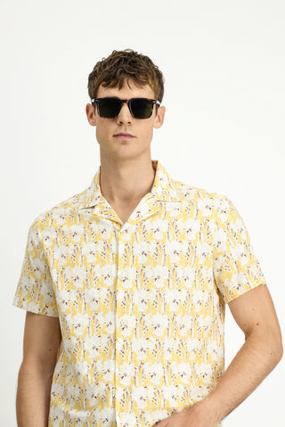  Açık Sarı Kısa Kol Regular Fit Pamuklu Spor Baskılı Gömlek