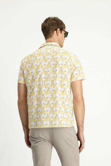 Açık Sarı Kısa Kol Regular Fit Pamuklu Spor Baskılı Gömlek
