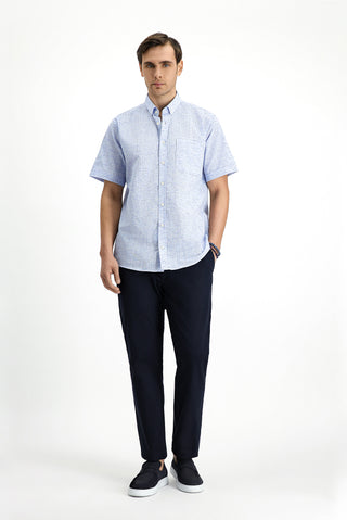  Açık Lacivert Kısa Kol Regular Fit Düğmeli Yaka Desenli Pamuklu Gömlek