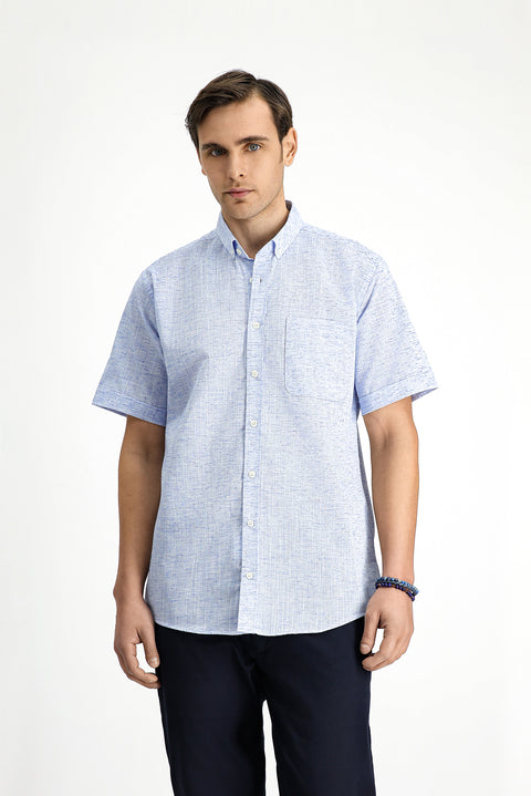 Açık Lacivert Kısa Kol Regular Fit Düğmeli Yaka Desenli Pamuklu Gömlek
