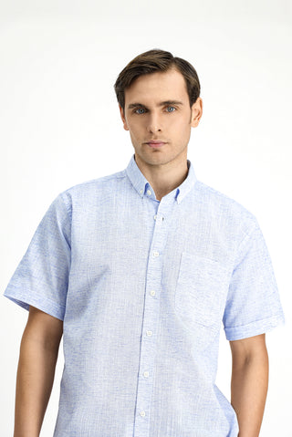  Açık Lacivert Kısa Kol Regular Fit Düğmeli Yaka Desenli Pamuklu Gömlek