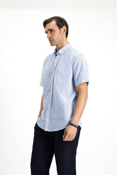 Açık Lacivert Kısa Kol Regular Fit Düğmeli Yaka Desenli Pamuklu Gömlek