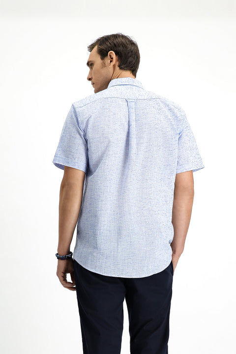 Açık Lacivert Kısa Kol Regular Fit Düğmeli Yaka Desenli Pamuklu Gömlek