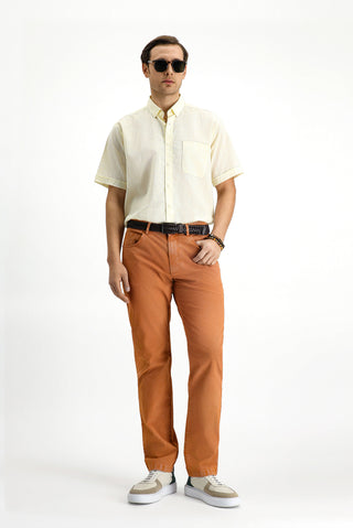  Açık Sarı Kısa Kol Regular Fit Düğmeli Yaka Desenli Pamuklu Gömlek