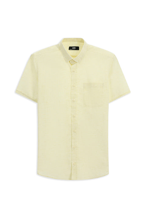 Açık Sarı Kısa Kol Regular Fit Düğmeli Yaka Desenli Pamuklu Gömlek