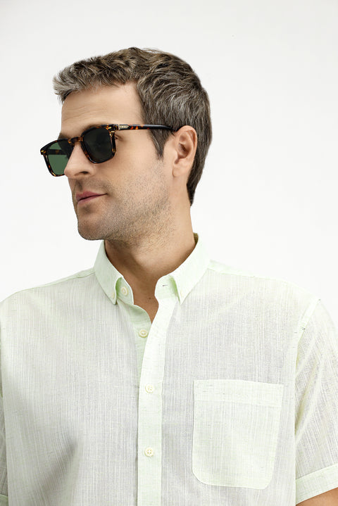 Mint Yeşili Kısa Kol Regular Fit Düğmeli Yaka Desenli Pamuklu Gömlek