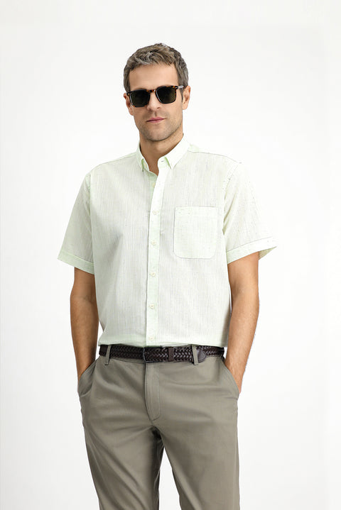 Mint Yeşili Kısa Kol Regular Fit Düğmeli Yaka Desenli Pamuklu Gömlek