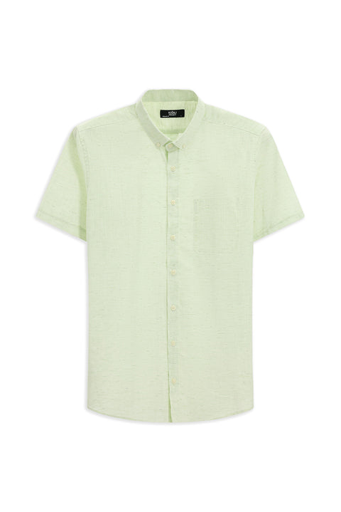 Mint Yeşili Kısa Kol Regular Fit Düğmeli Yaka Desenli Pamuklu Gömlek