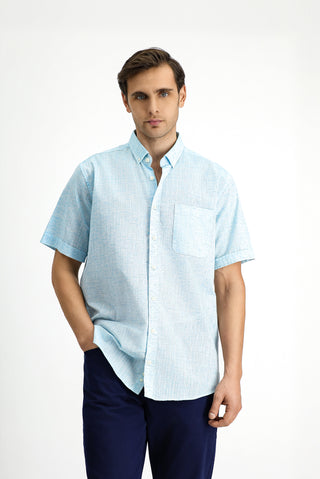  Açık Turkuaz Kısa Kol Regular Fit Düğmeli Yaka Desenli Pamuklu Gömlek