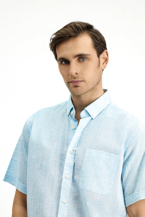 Açık Turkuaz Kısa Kol Regular Fit Düğmeli Yaka Desenli Pamuklu Gömlek