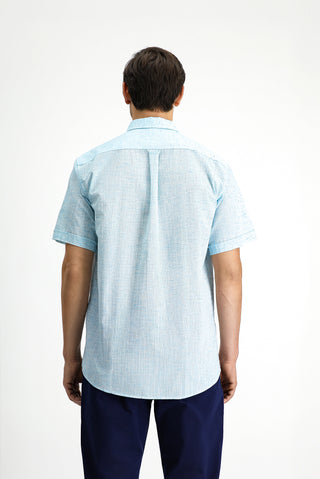  Açık Turkuaz Kısa Kol Regular Fit Düğmeli Yaka Desenli Pamuklu Gömlek