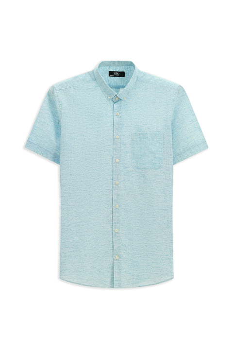 Açık Turkuaz Kısa Kol Regular Fit Düğmeli Yaka Desenli Pamuklu Gömlek