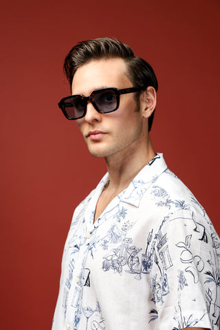  Beyaz Kısa Kol Regular Fit Pamuklu Keten Karışımlı Baskılı Gömlek