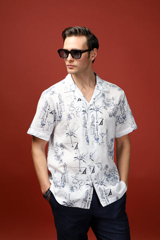  Beyaz Kısa Kol Regular Fit Pamuklu Keten Karışımlı Baskılı Gömlek